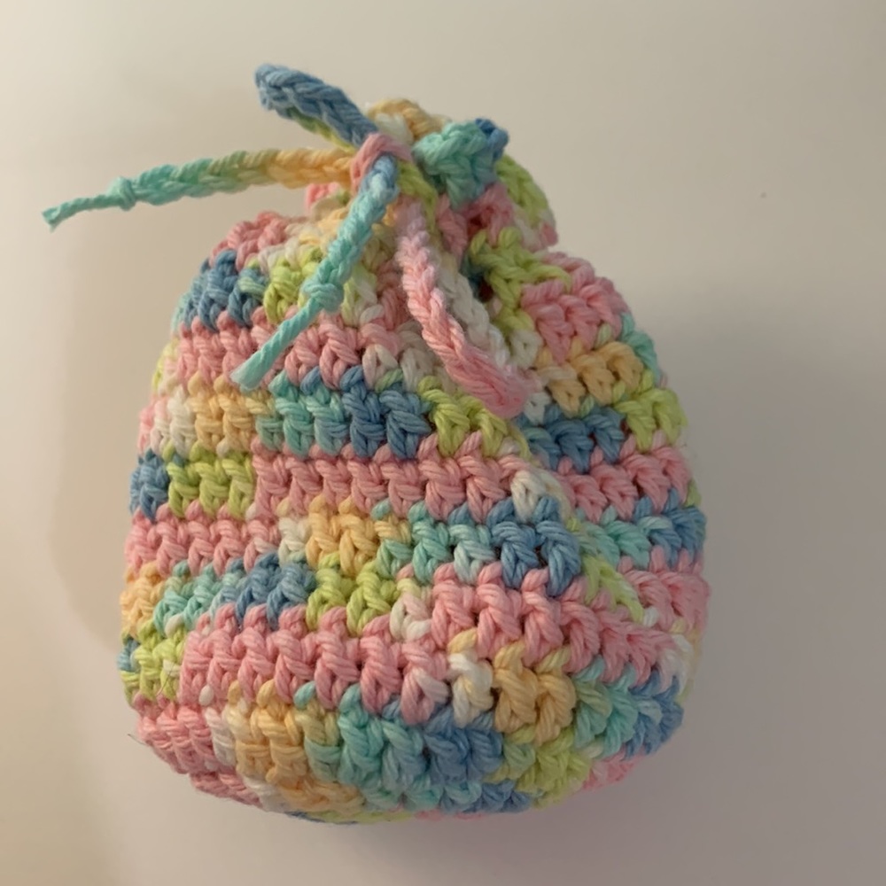 Crochet Draw String Bag Pink Blue Green White Cotton Thread